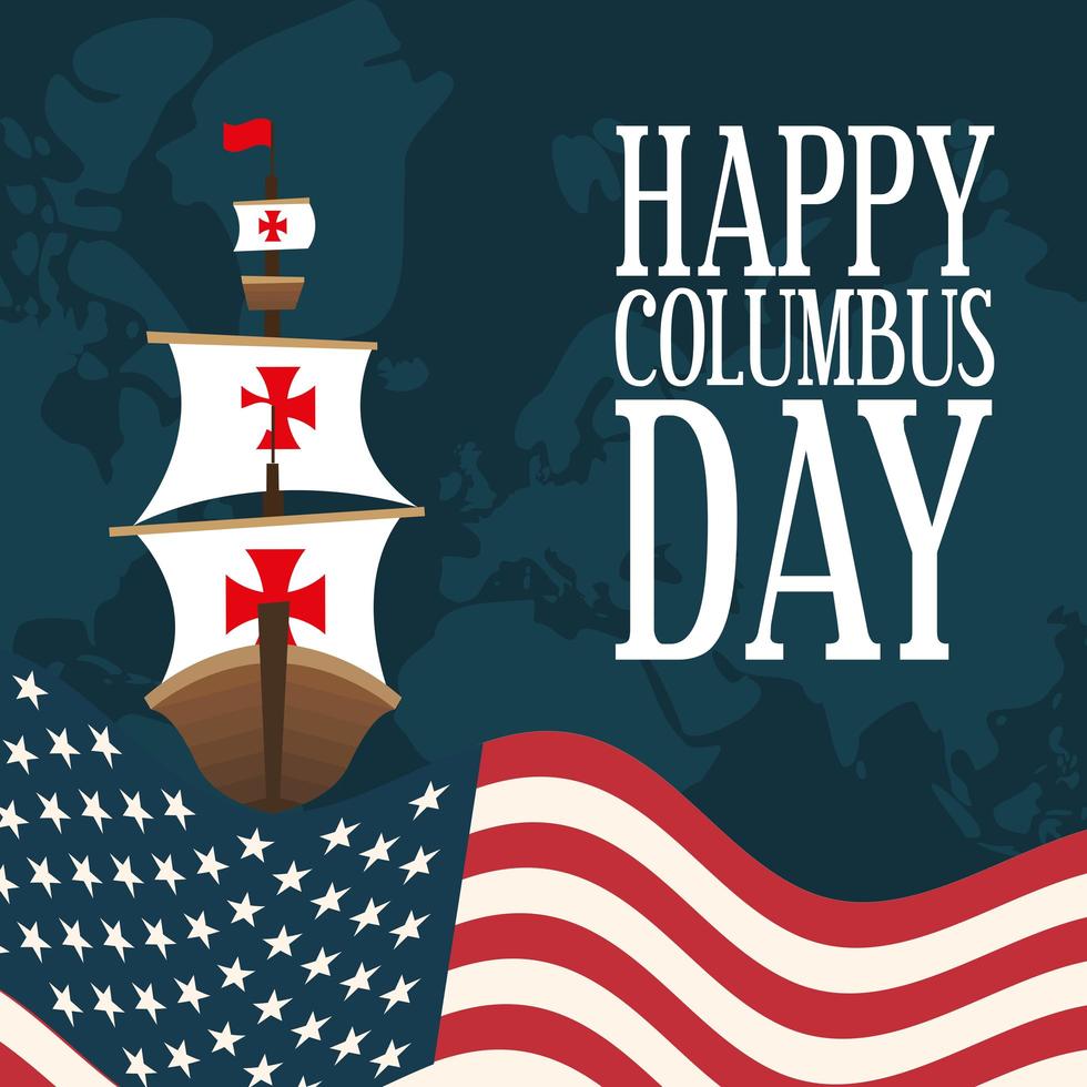 ship in front of an USA flag for happy Columbus day vector