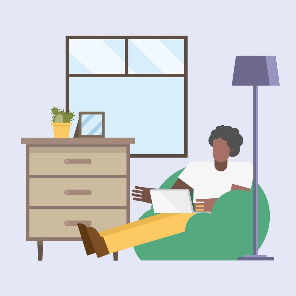 black man with laptop working from home vector design