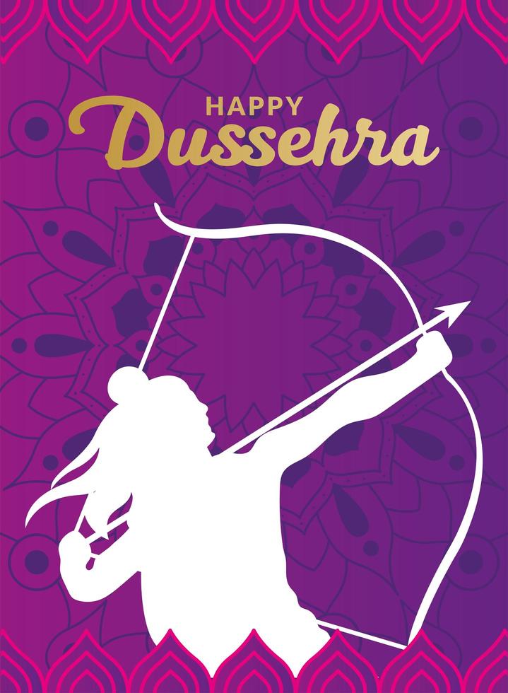 Happy dussehra and lord ram with bow and arrow white silhouette vector design