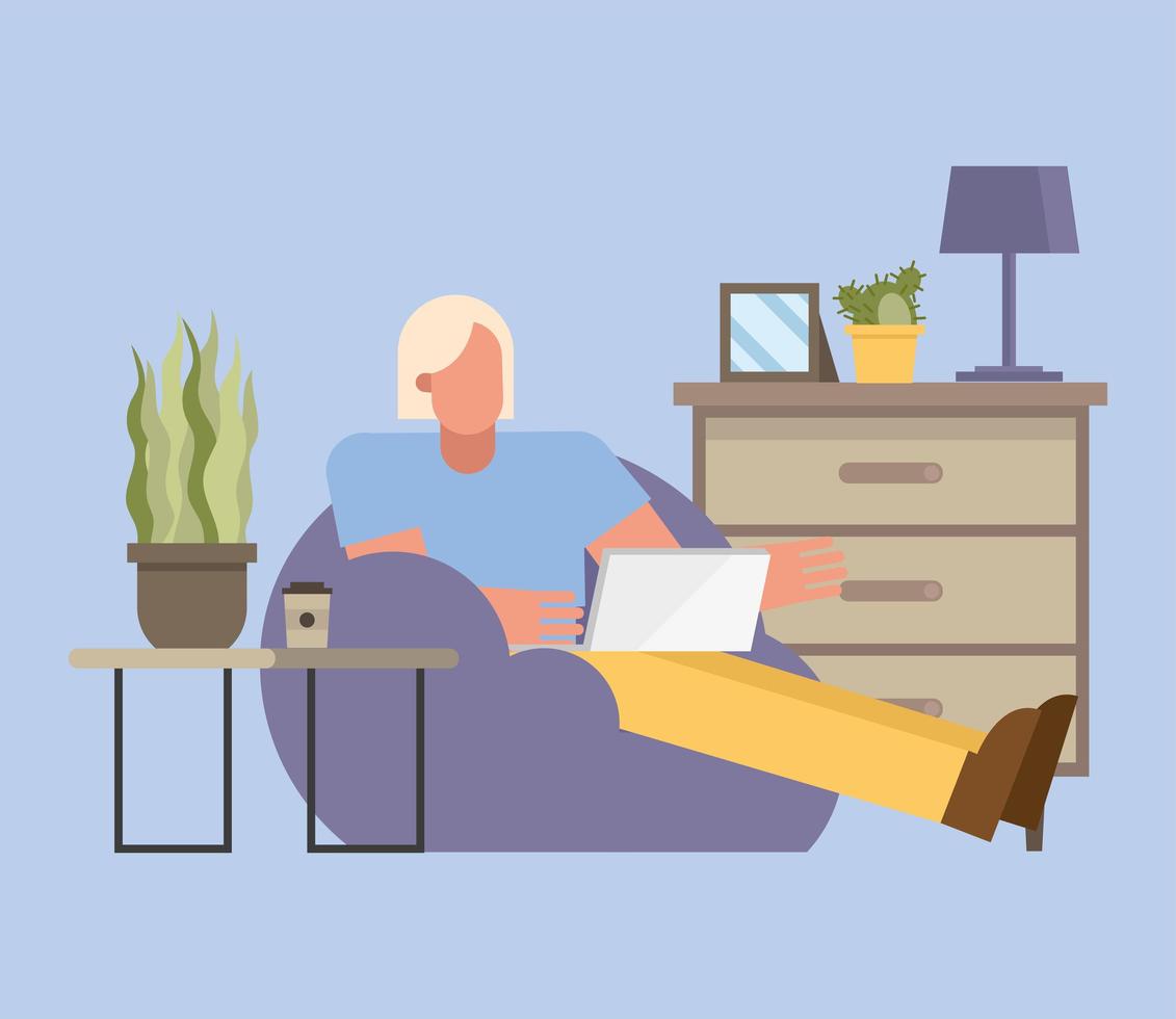 blond man with laptop working from home vector design