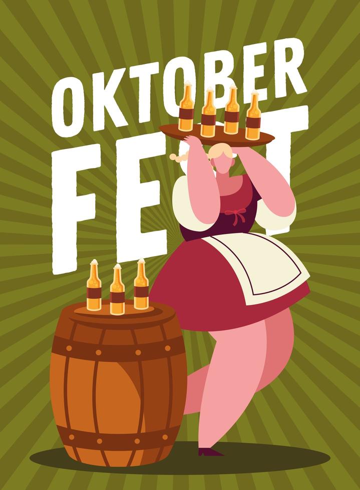 oktoberfest woman cartoon with beer bottles and barrel vector design