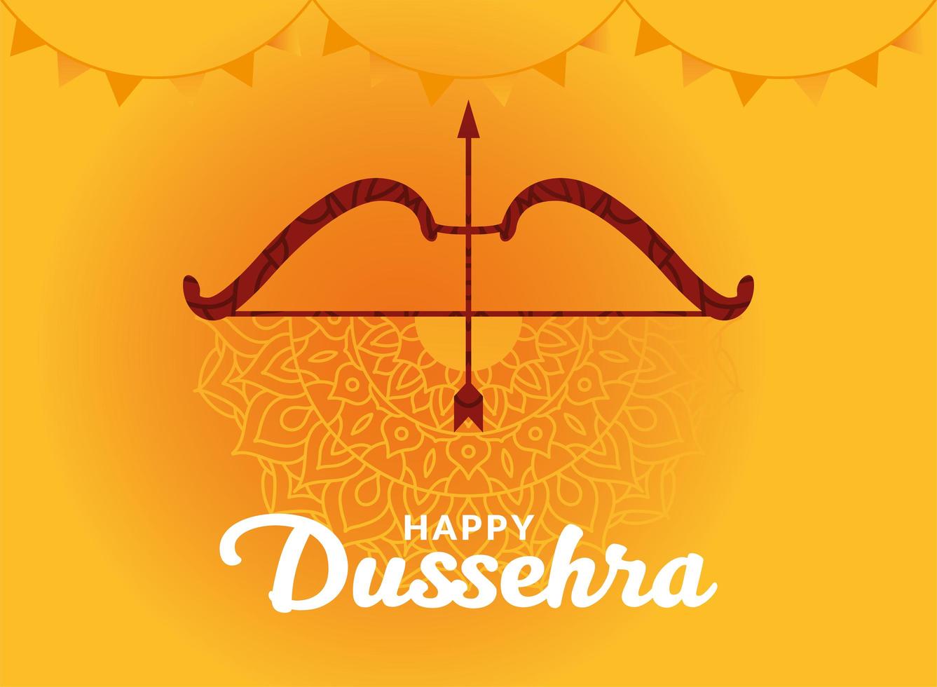 Happy dussehra and bow with arrow on yellow mandala background vector design