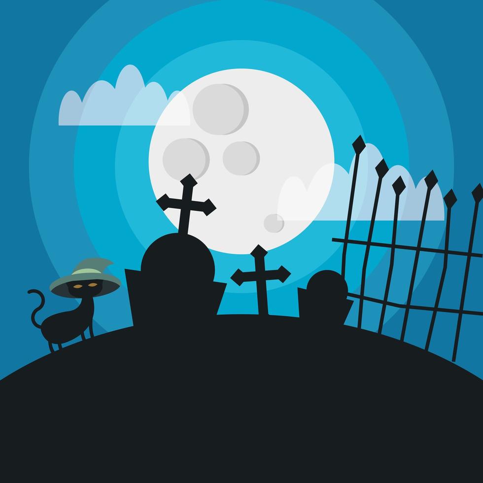 Halloween cat with hat at a cemetery vector design