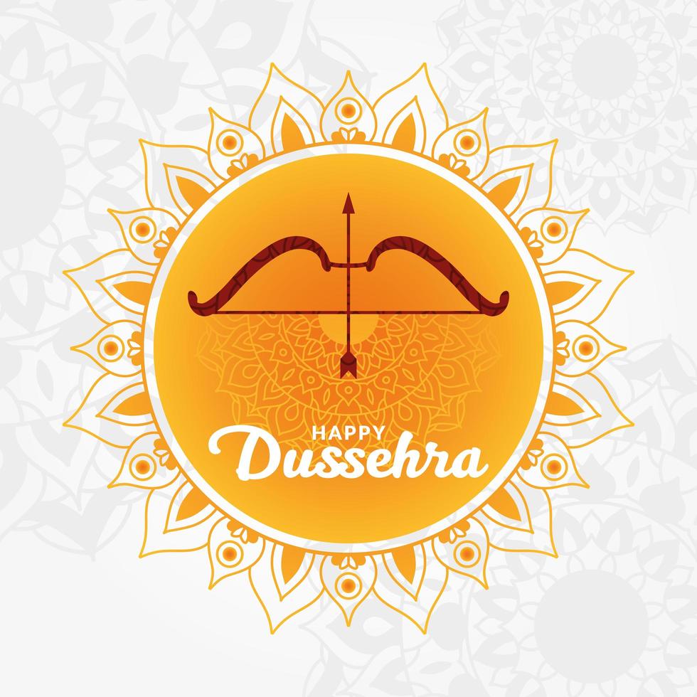 feliz dussehra y arco con flecha en diseño de vector de mandala naranja