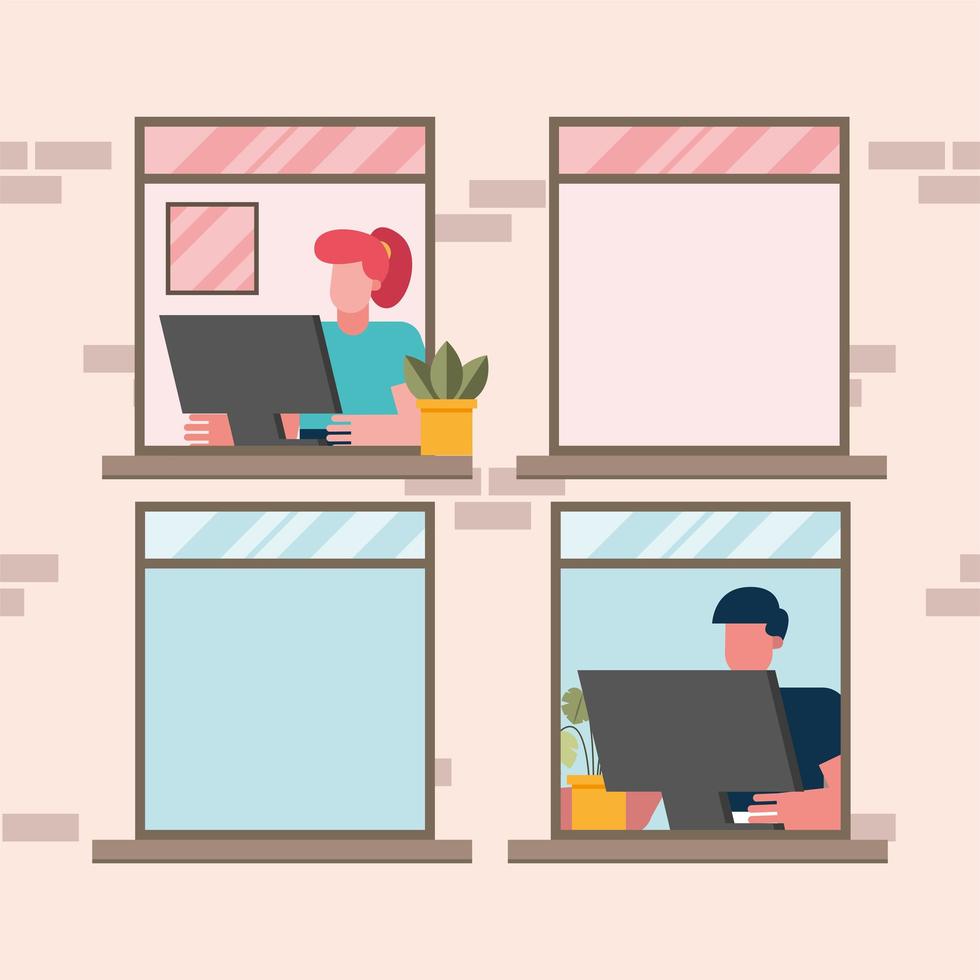Woman and man working from home by the window vector