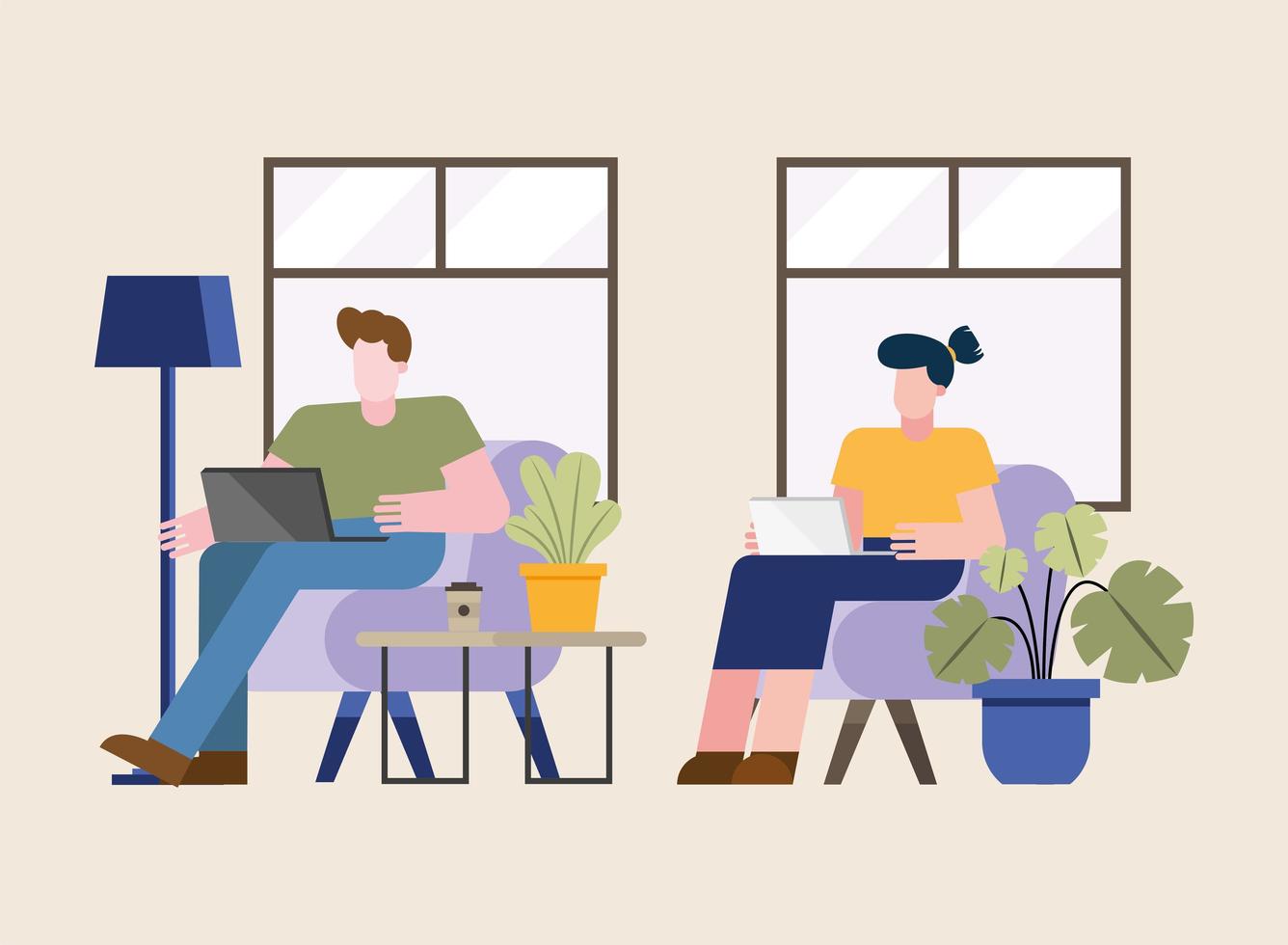 Woman and man working from home vector