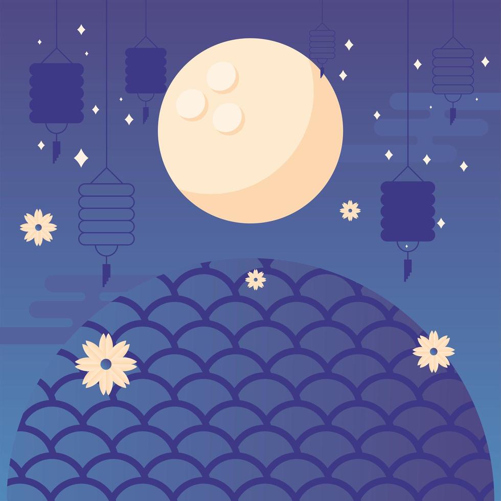 happy mid autumn harvest with moon, flowers and lanterns vector design