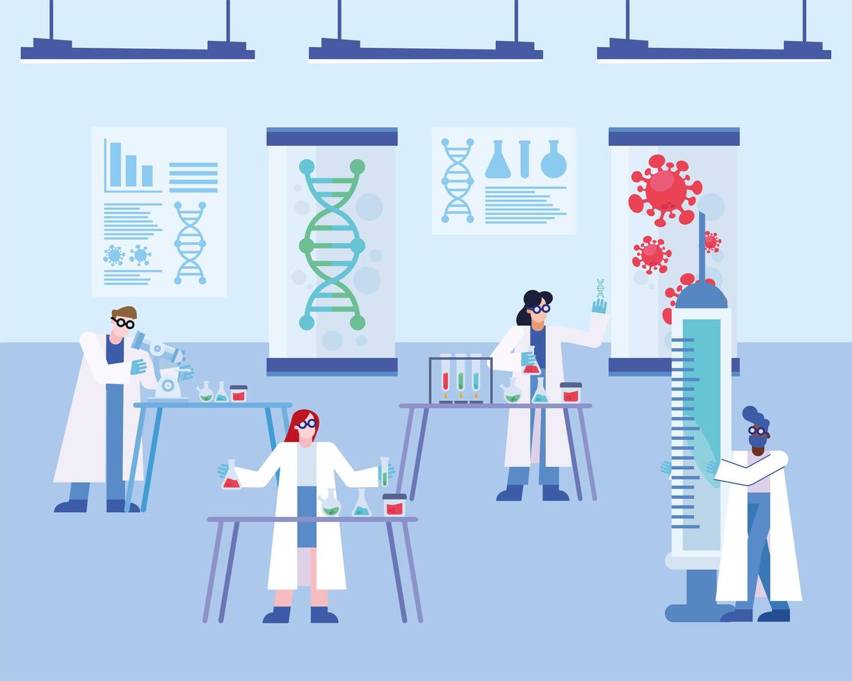 covid 19 virus vaccine research with chemists vector