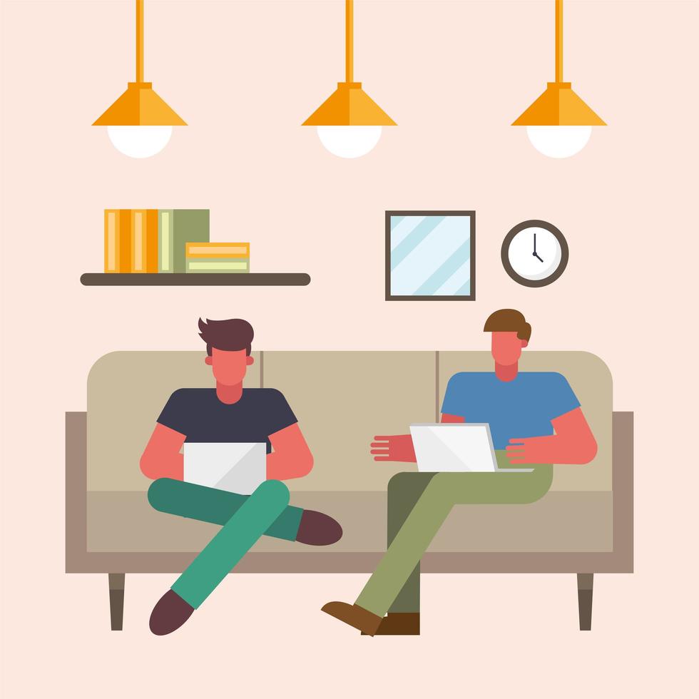 Men with laptop working from home vector design