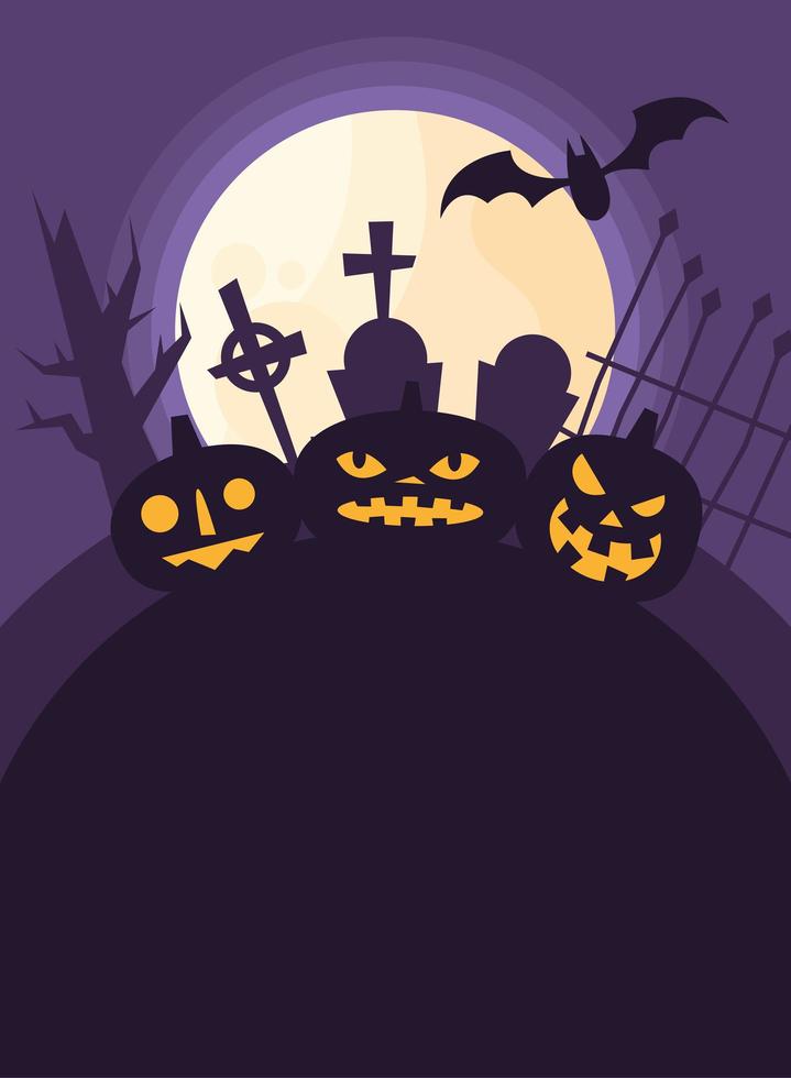 Calabazas de halloween en un cementerio en la noche diseño vectorial vector