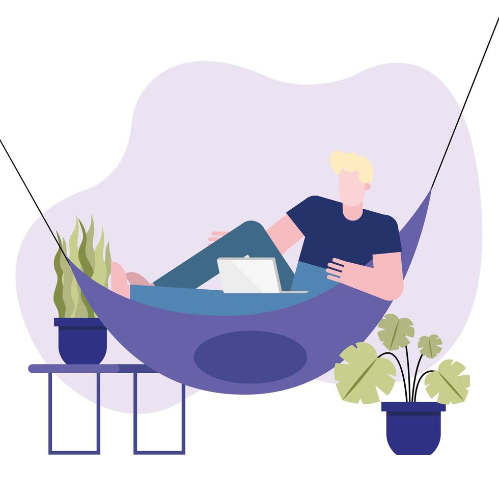 Man with laptop working on a hammock vector