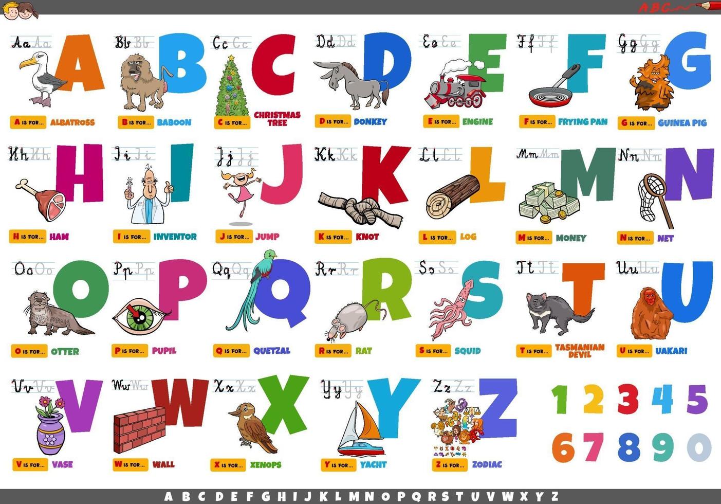 Alphabet with cartoon characters and objects educational set vector