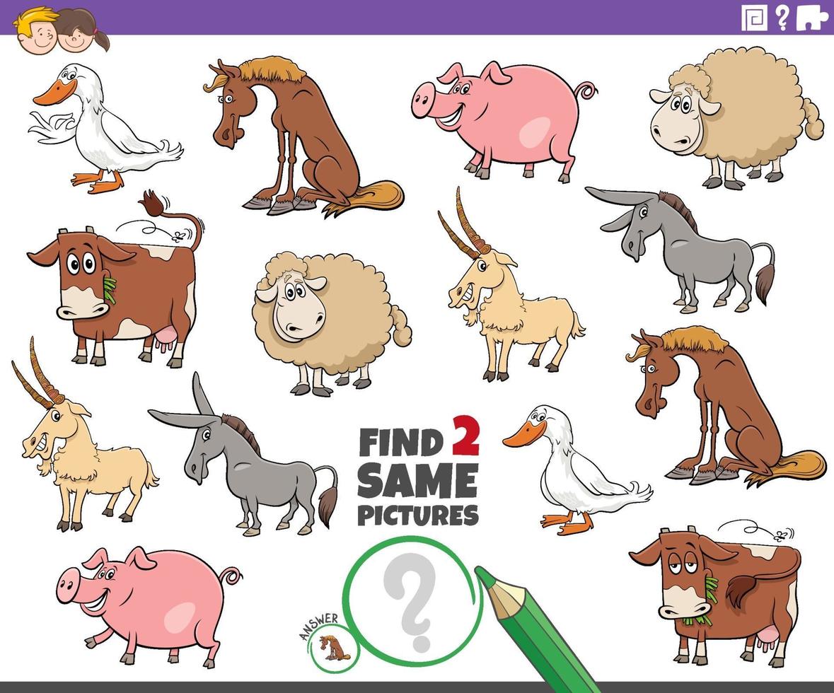 Find two same farm animals educational task for children vector