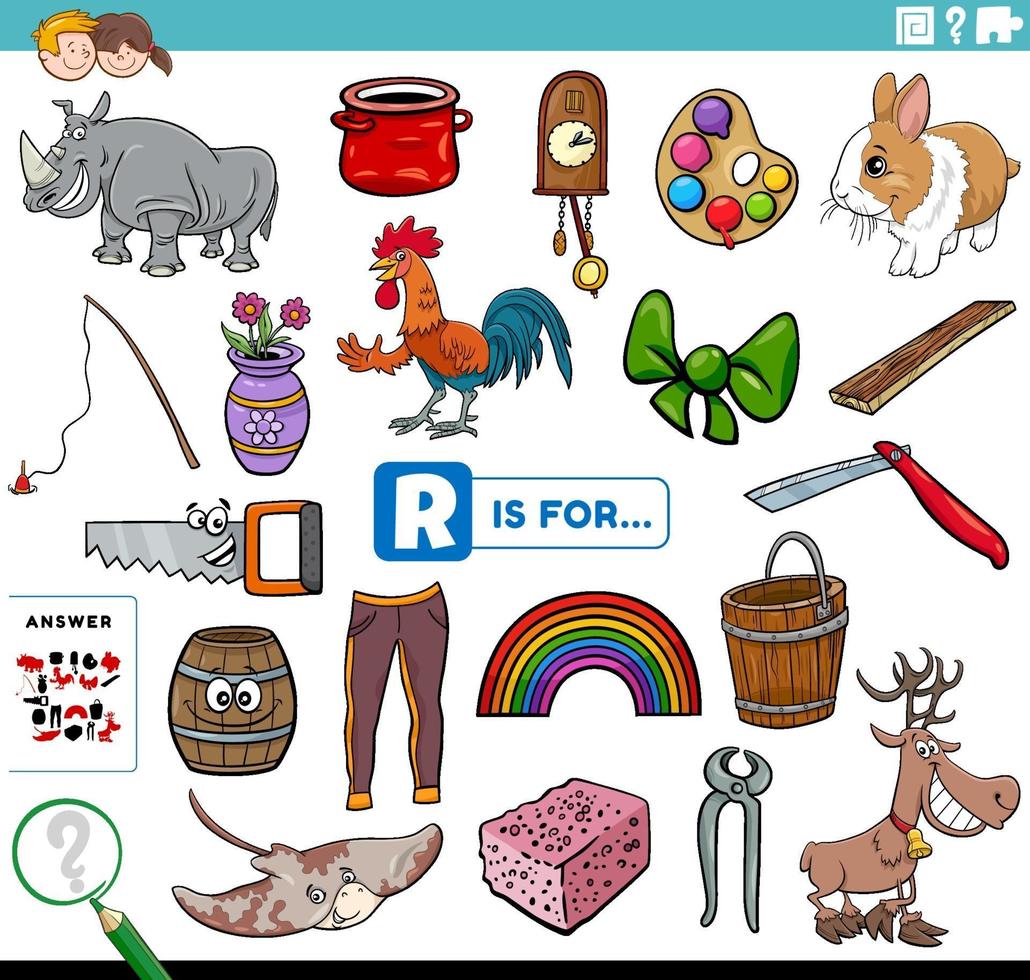 Letter r words educational task for children vector