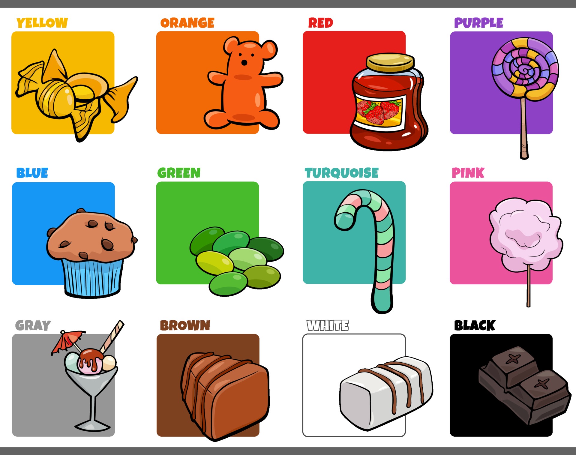 Colors and objects. Chocolate cartoon. various food colors comics.