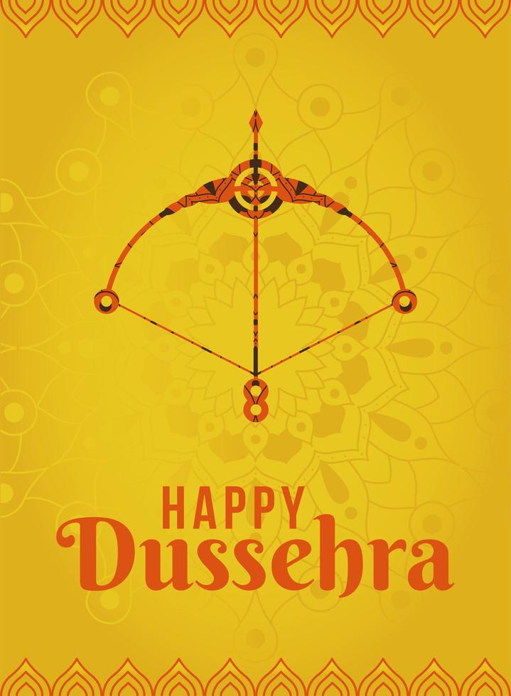 Happy dussehra and bow with arrow on yellow mandala background vector design