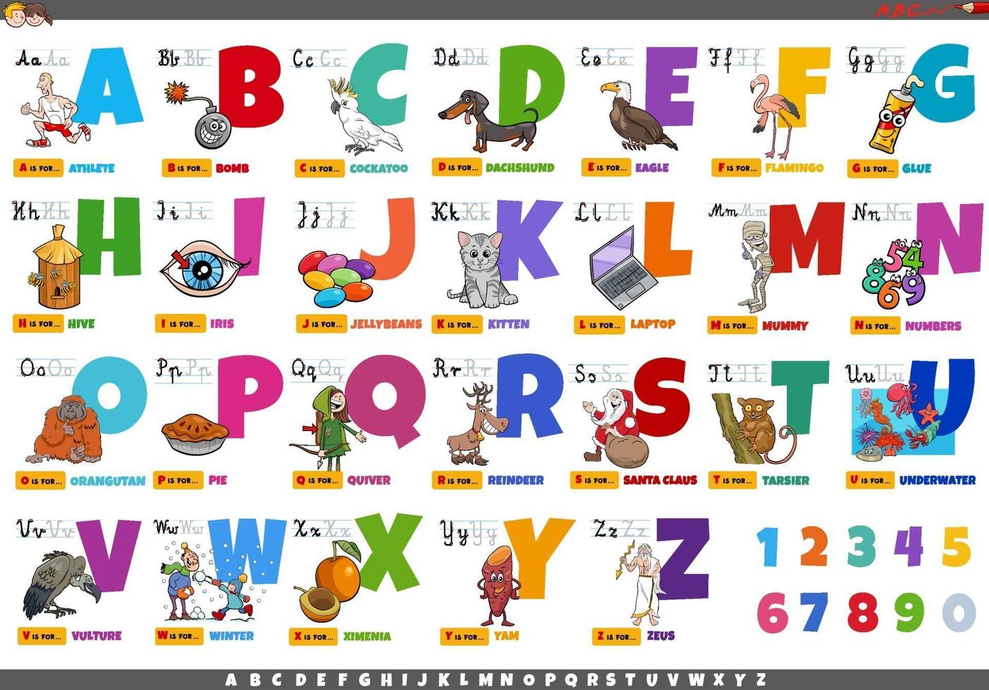 Alphabet with cartoon characters and objects educational set vector