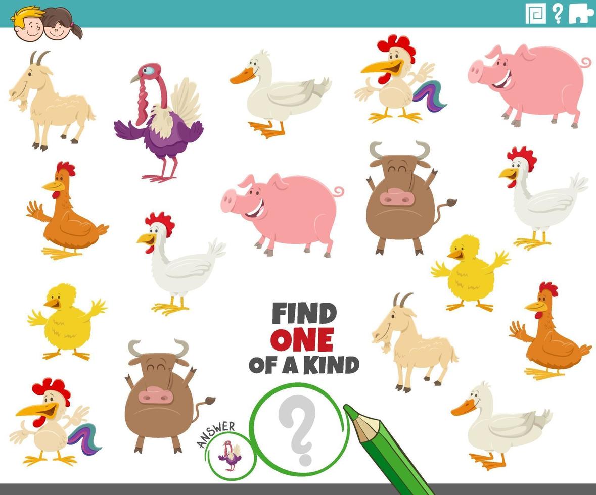 One of a kind game for children with cartoon farm animals vector