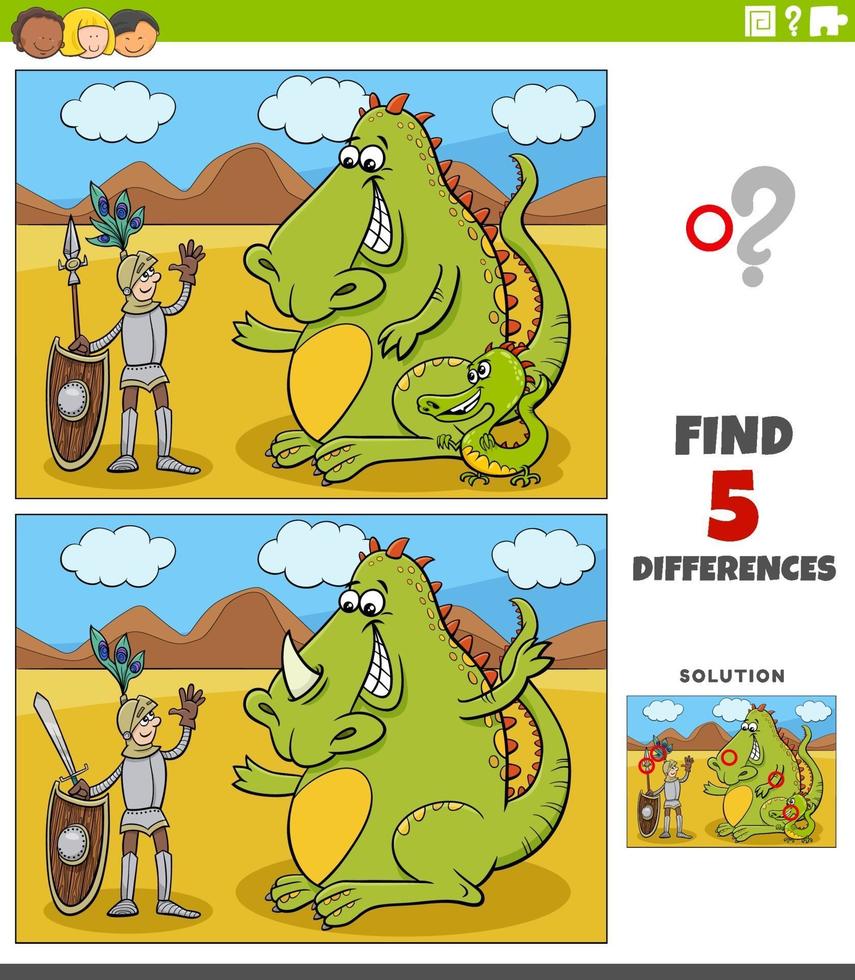 juego educativo de diferencias con caballero y dragón. vector