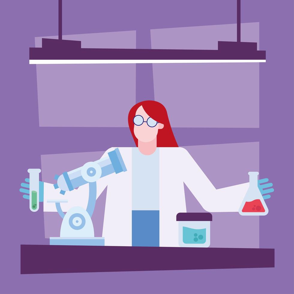Coronavirus vaccine research design with chemist woman working vector
