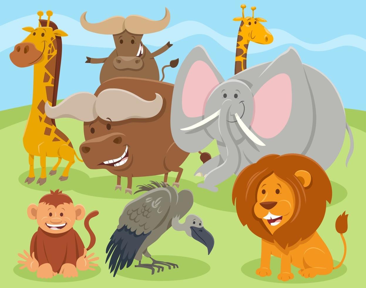 Cartoon happy wild animal characters group vector