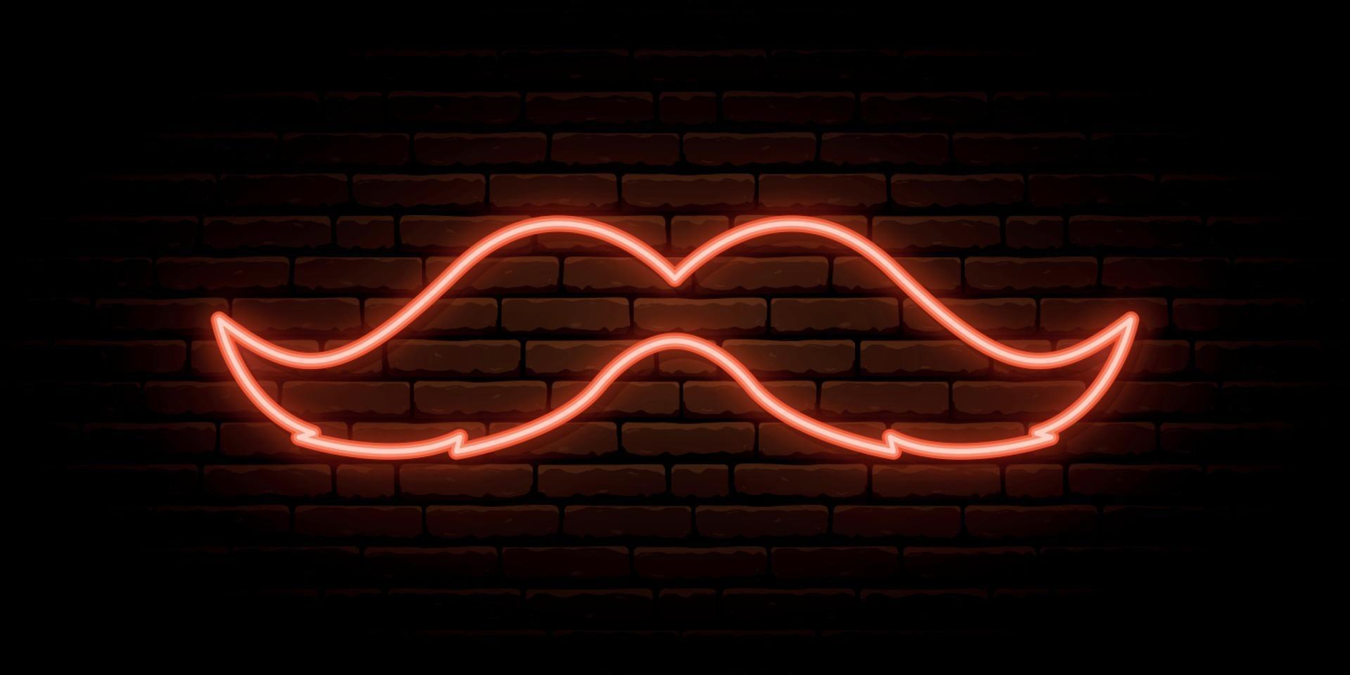 Retro mustache neon sign. Shiny ginger mustache on dark brick wall background. vector