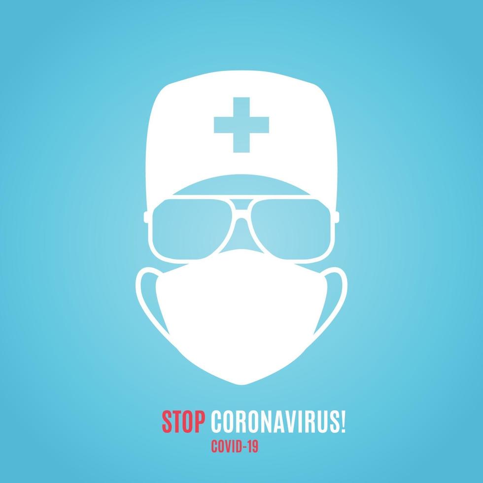 médico en máscara médica protectora y sombrero. avatar médico simple. detener la pancarta de advertencia de coronavirus. vector