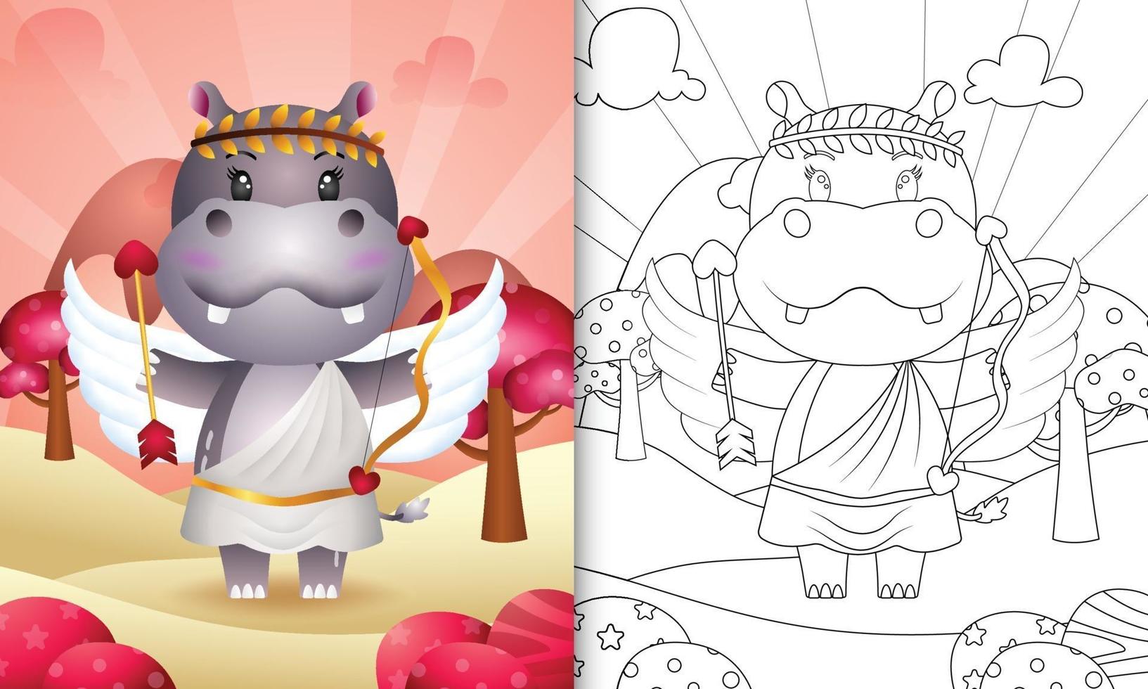 coloring book for kids with a cute hippo angel using cupid costume themed valentine day vector