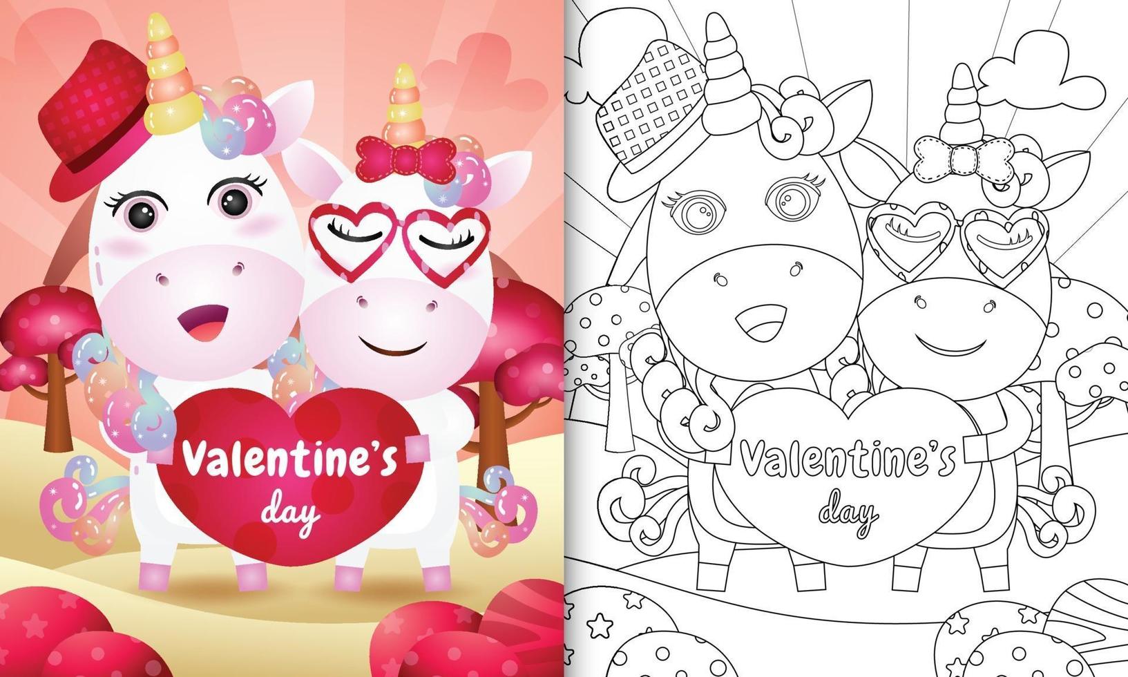 libro para colorear para niños con linda pareja de unicornios del día de san valentín ilustrada vector
