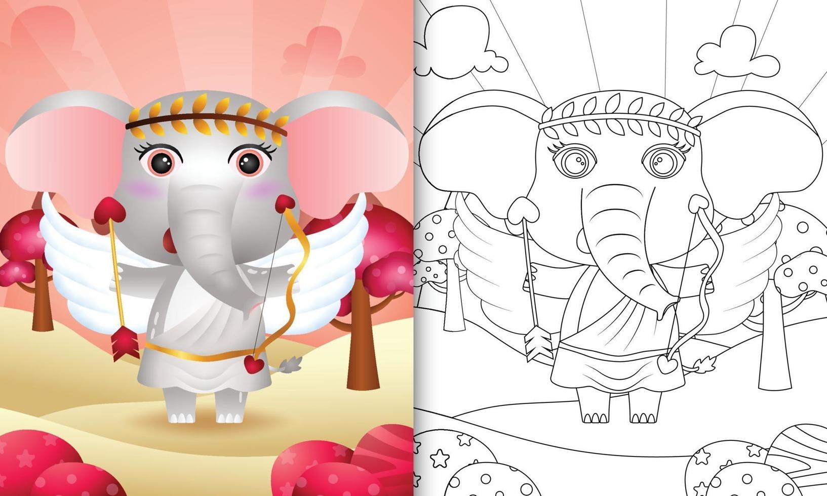 libro para colorear para niños con un lindo ángel elefante usando el día de san valentín con el disfraz de cupido vector