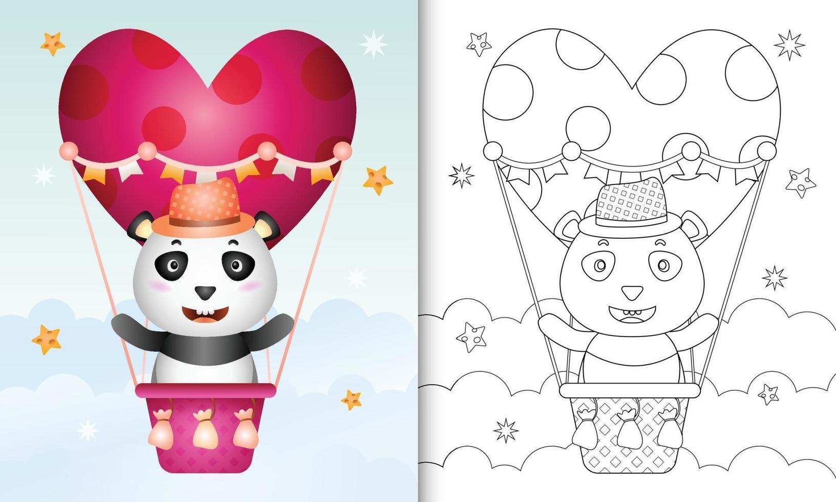 coloring book for kids with a cute panda male on hot air balloon love themed valentine day vector