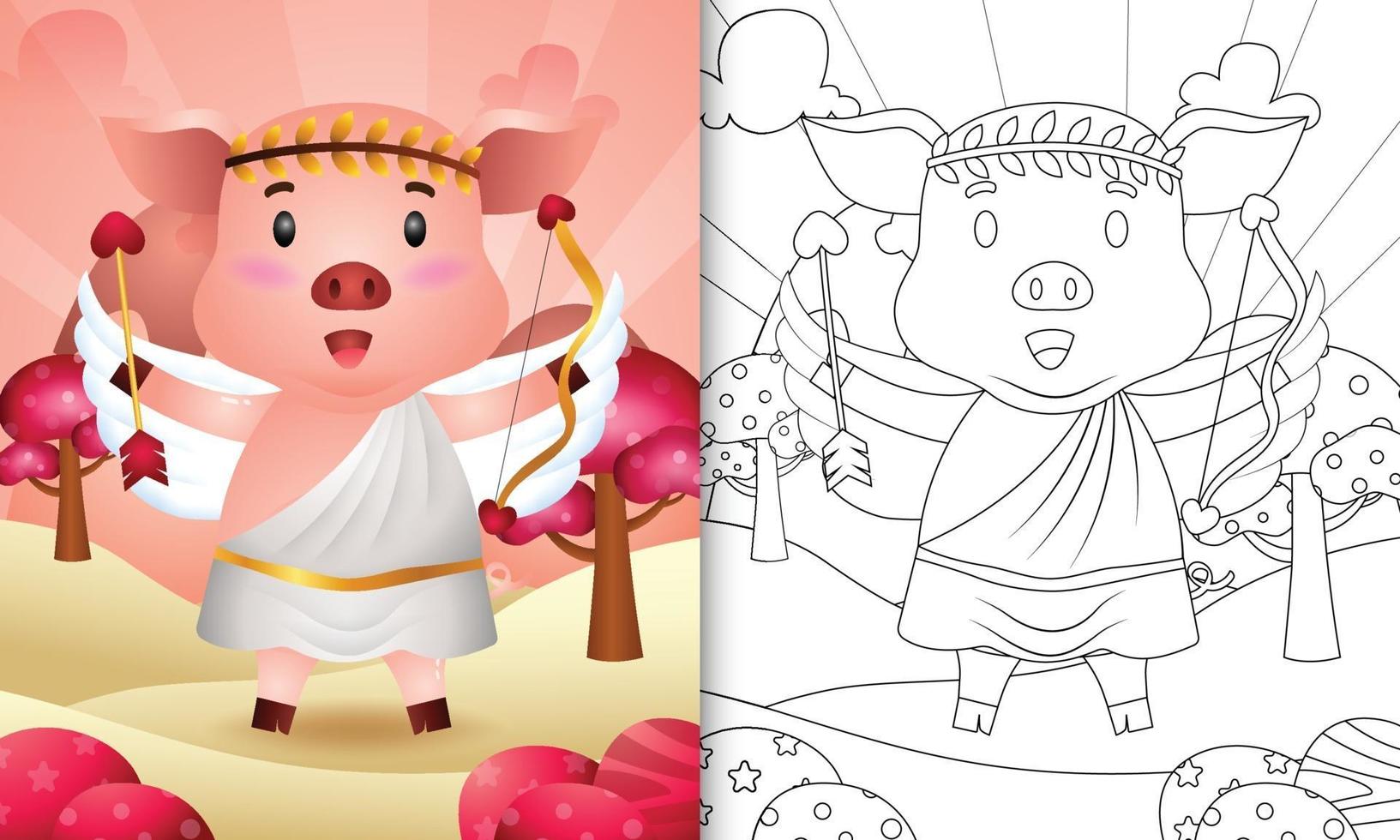 coloring book for kids with a cute pig angel using cupid costume themed valentine day vector