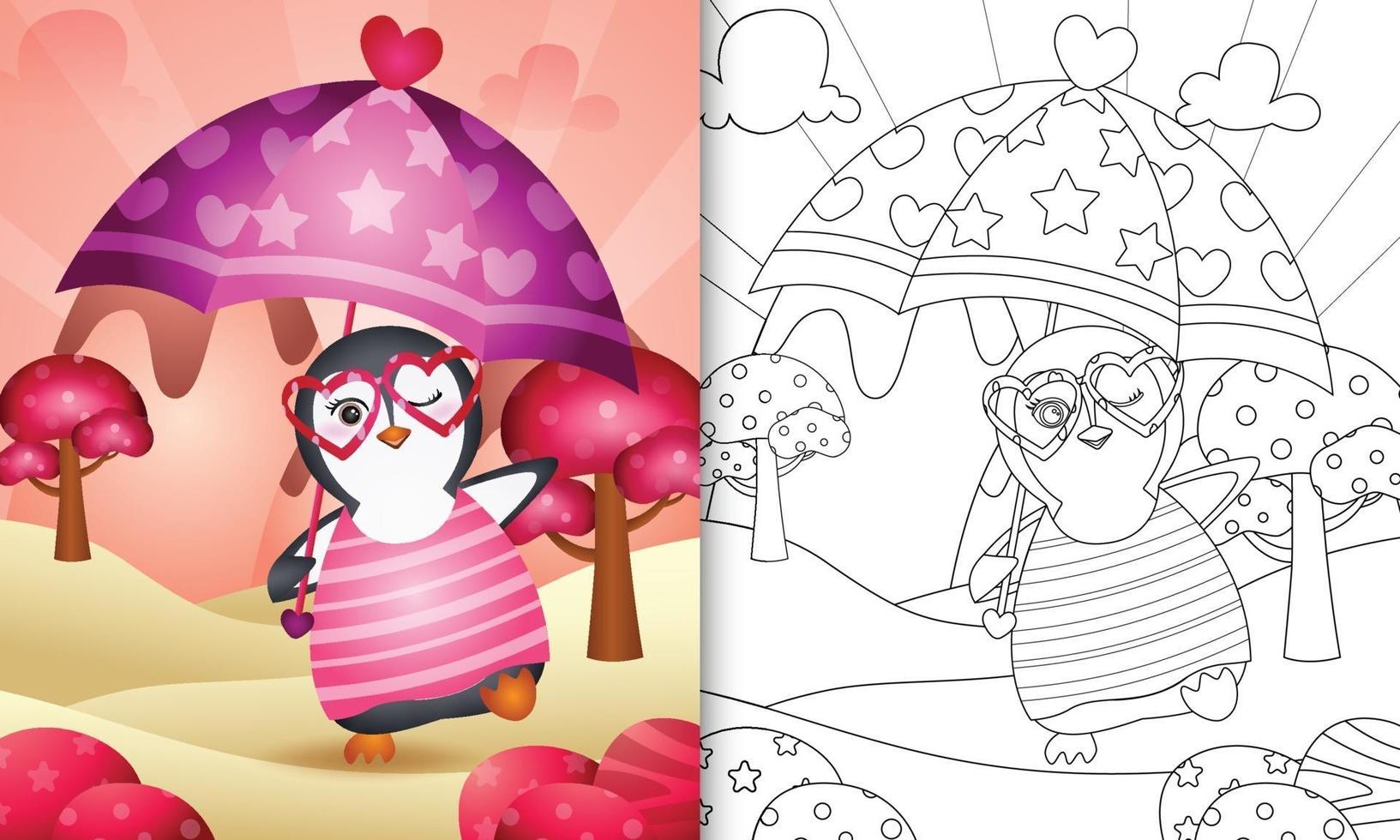 libro para colorear para niños con un lindo pingüino sosteniendo un paraguas con el tema del día de san valentín vector