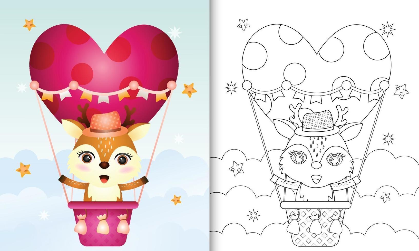 libro para colorear para niños con un lindo ciervo en globo aerostático con tema de amor día de san valentín vector