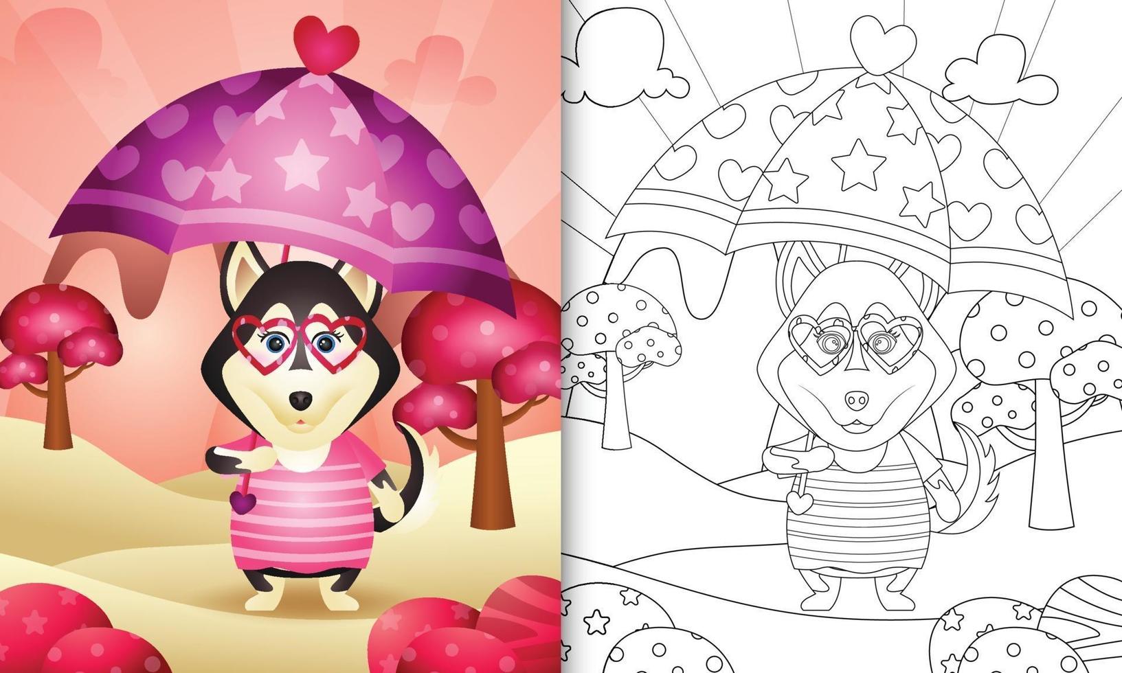 coloring book for kids with a cute husky dog holding umbrella themed valentine day vector
