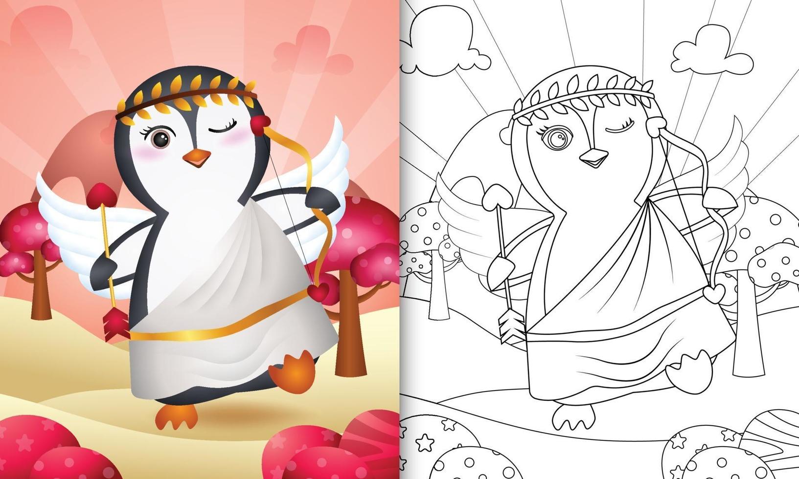 libro para colorear para niños con un lindo ángel pingüino usando el día de san valentín con el disfraz de cupido vector