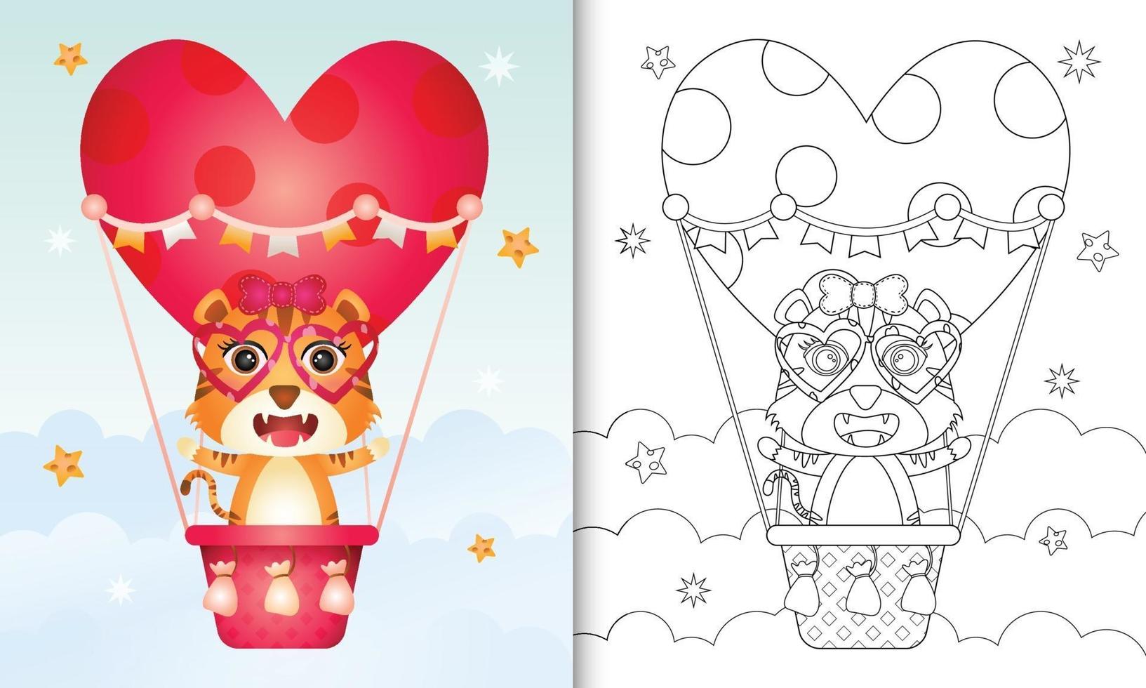 libro para colorear para niños con una linda hembra tigre en globo aerostático con tema de amor día de san valentín vector