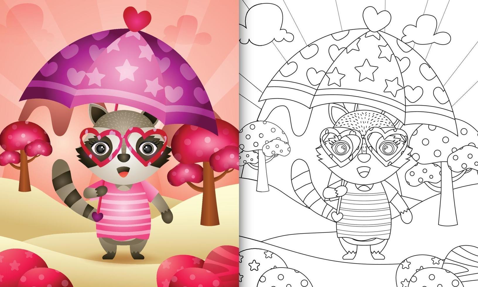 libro para colorear para niños con un lindo mapache sosteniendo un paraguas con el tema del día de san valentín vector