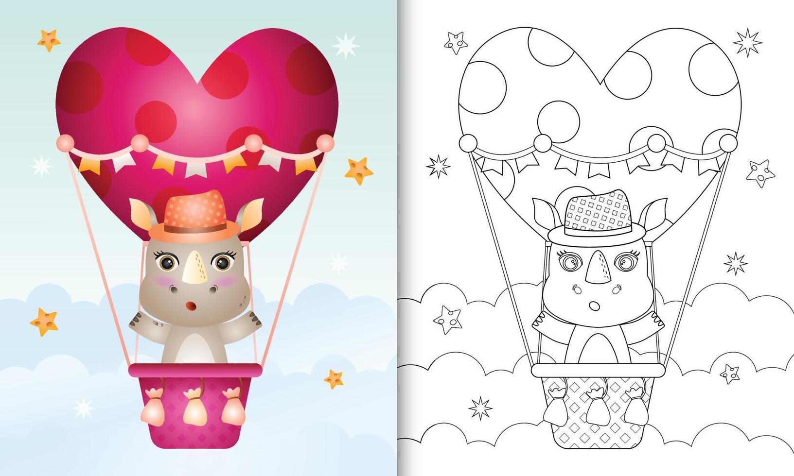 libro para colorear para niños con un lindo rinoceronte macho en globo aerostático con tema de amor día de san valentín vector