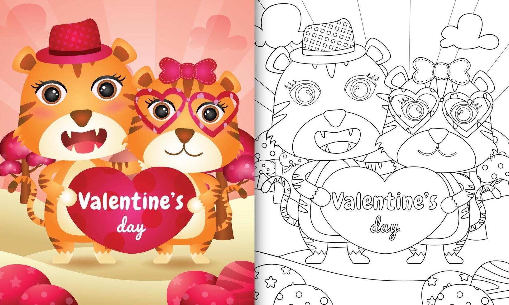 coloring book for kids with Cute valentine's day tiger couple illustrated vector