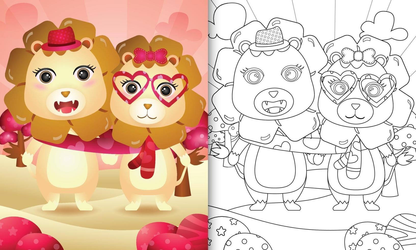 libro para colorear para niños con linda pareja de leones del día de san valentín ilustrada vector