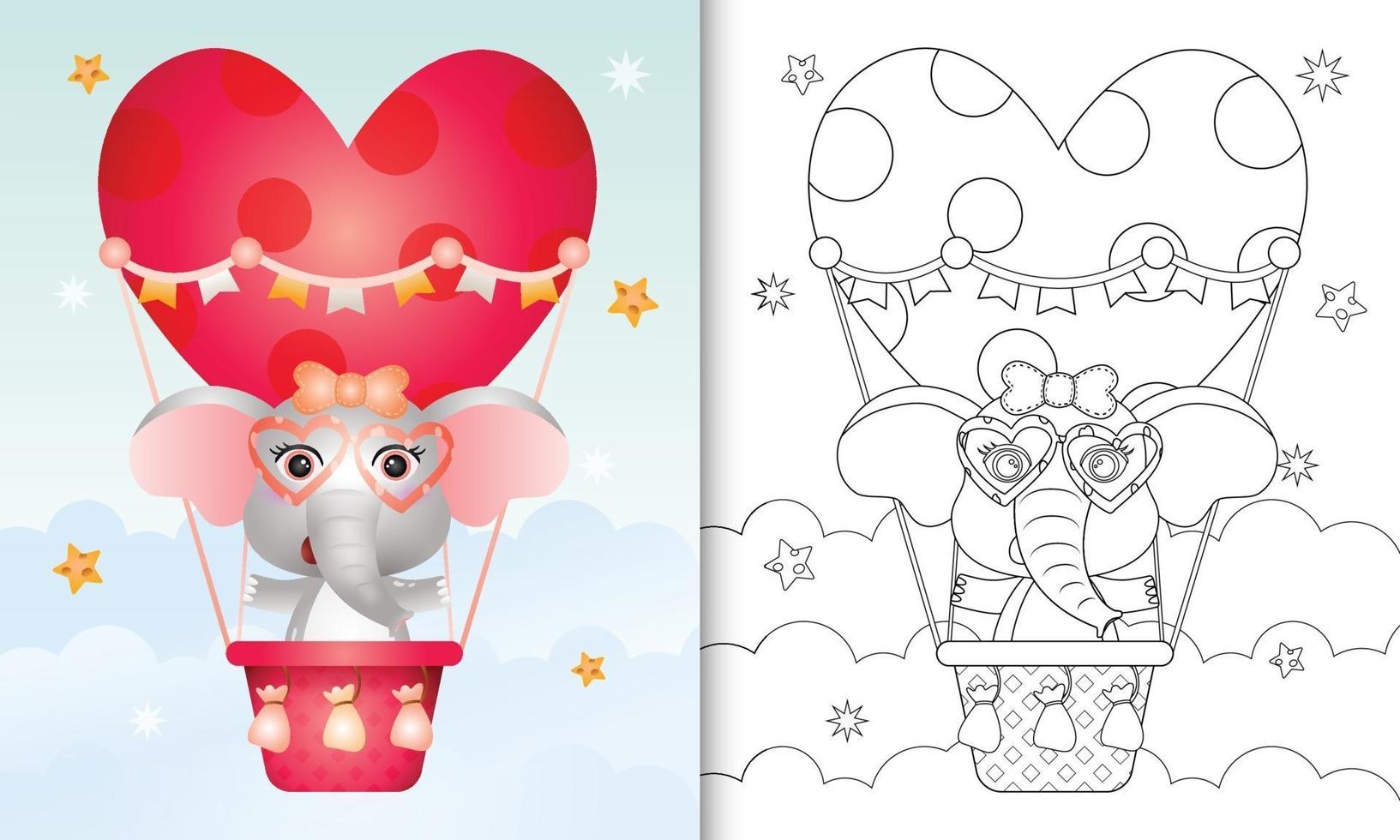 libro para colorear para niños con una linda elefante hembra en globo aerostático con tema de amor día de san valentín vector