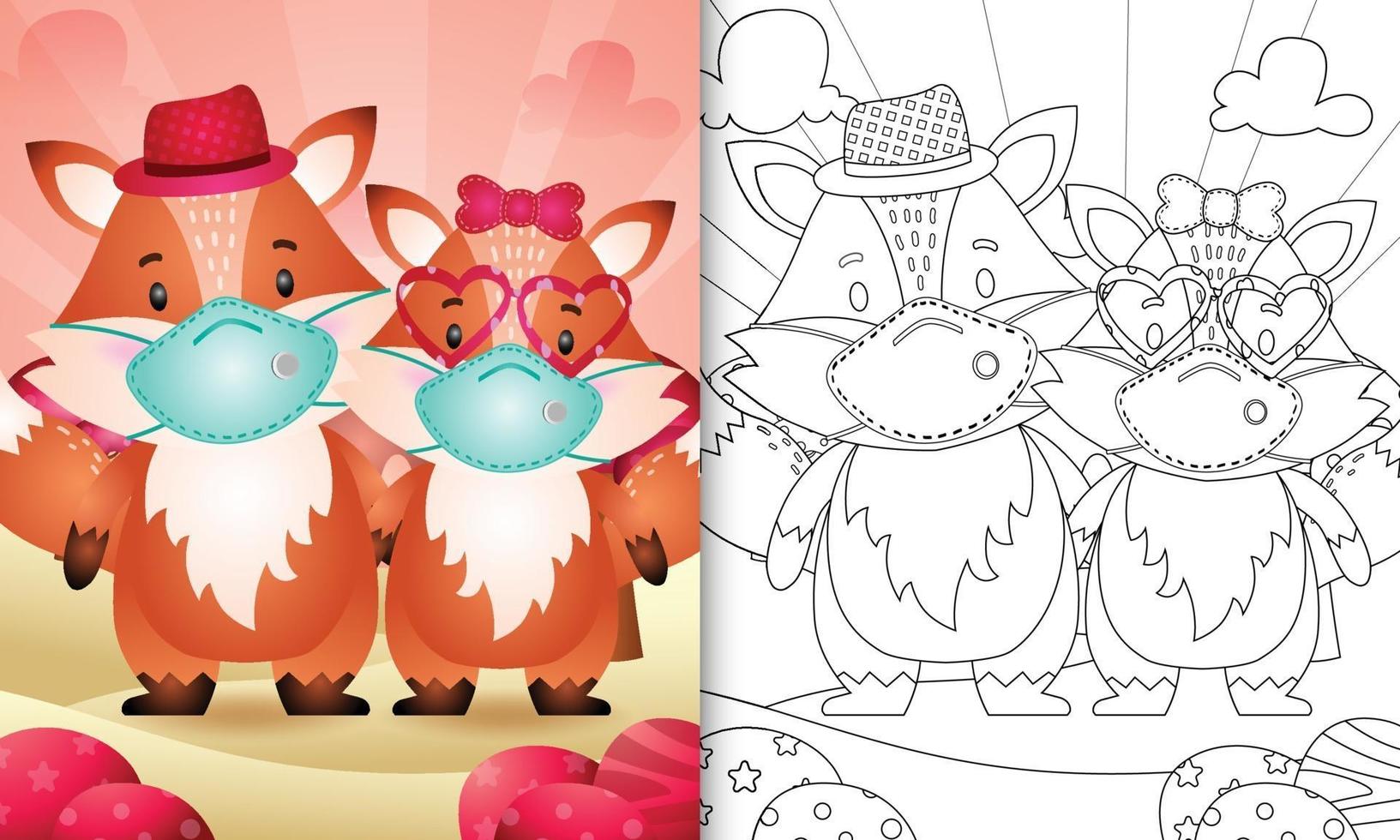 coloring book for kids with Cute valentine's day fox couple using protective face mask vector