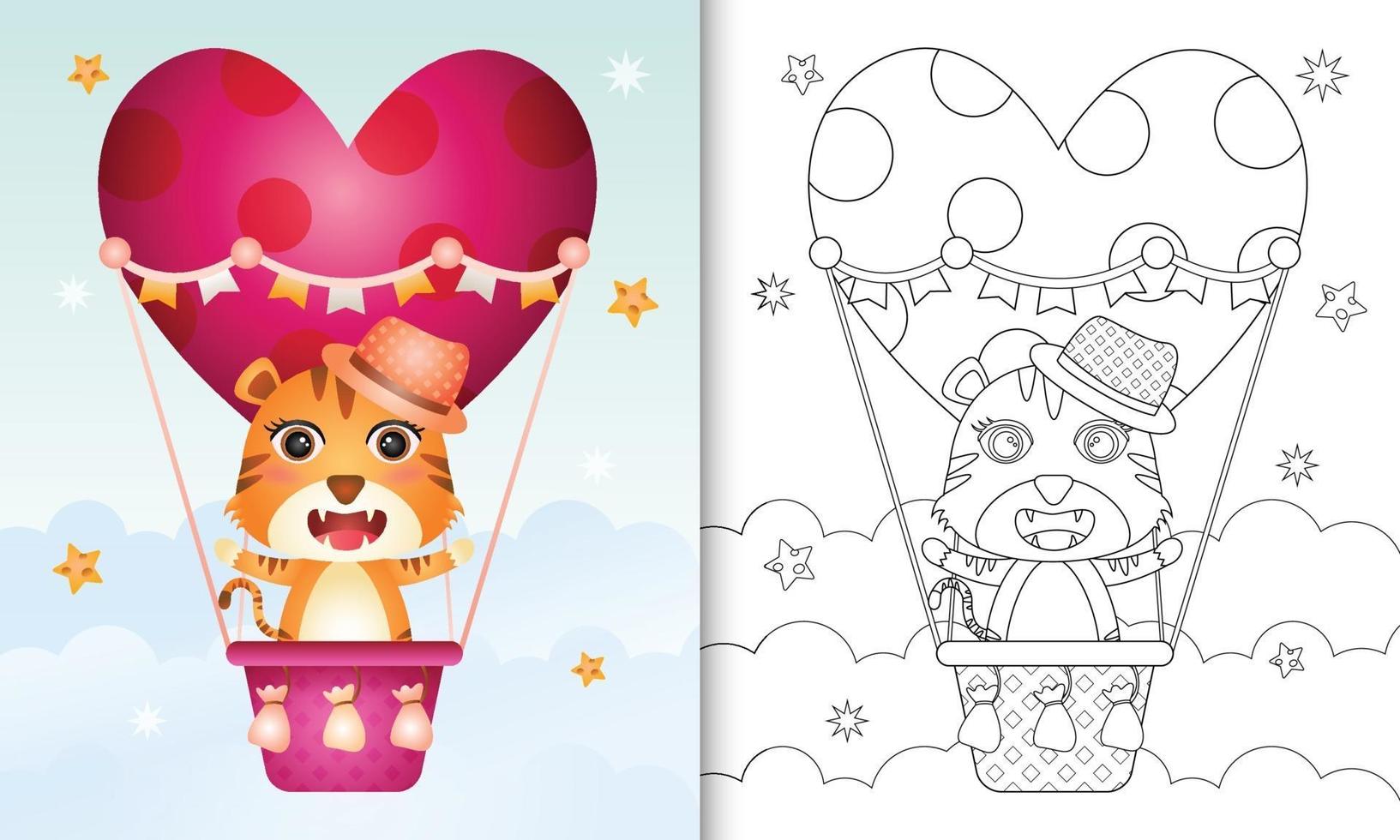 libro para colorear para niños con un lindo tigre macho en globo aerostático con tema de amor día de san valentín vector