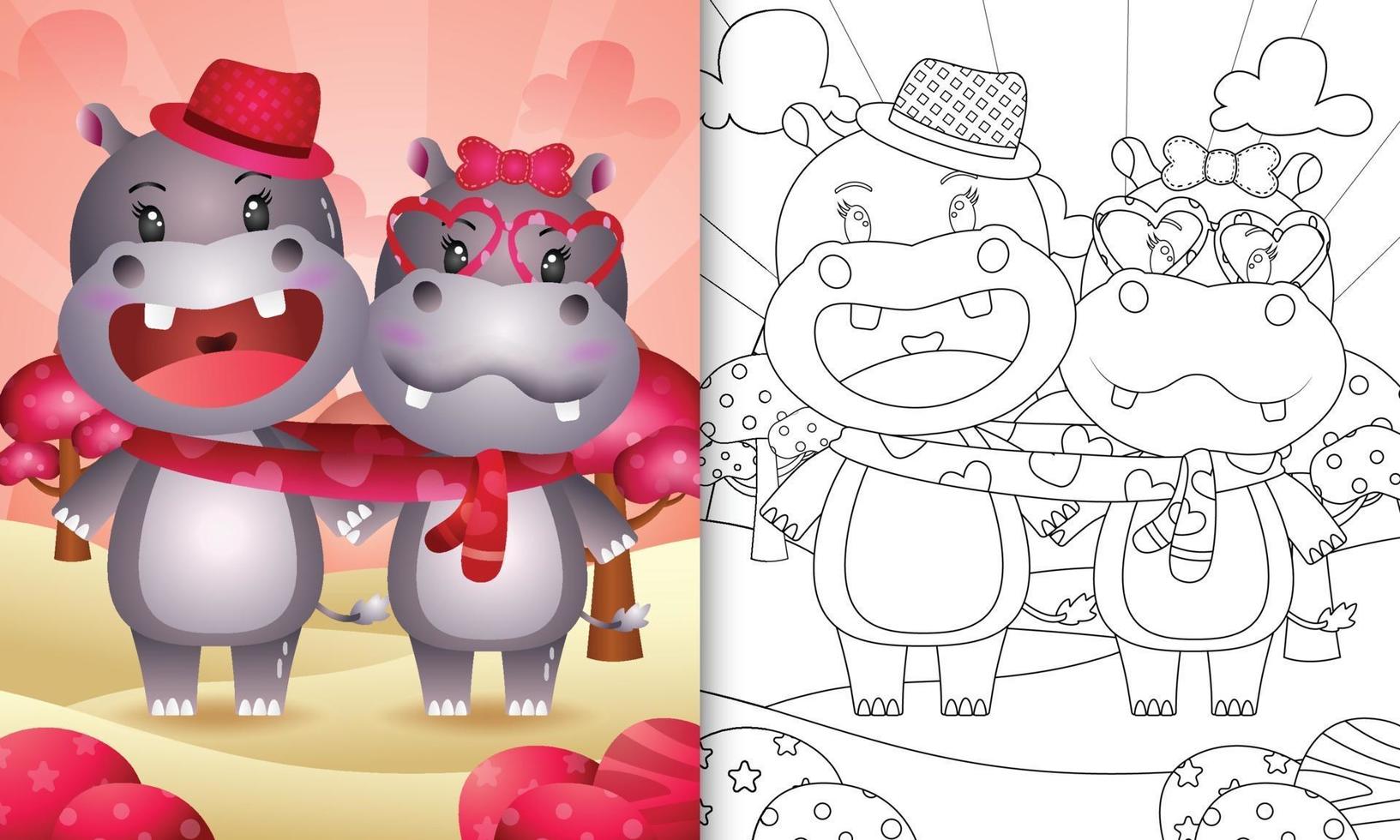 coloring book for kids with Cute valentine's day hippo couple illustrated vector