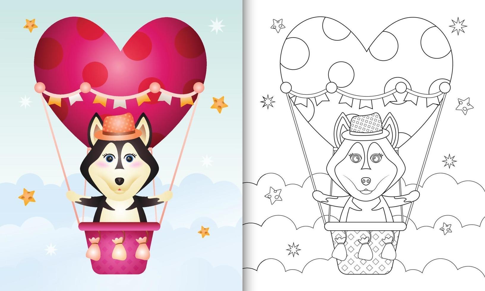 coloring book for kids with a cute husky dog male on hot air balloon love themed valentine day vector