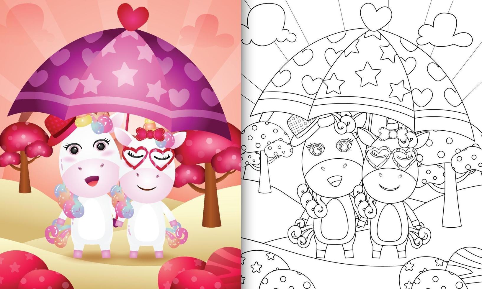 libro para colorear para niños con una linda pareja de unicornios sosteniendo un paraguas temático día de san valentín vector