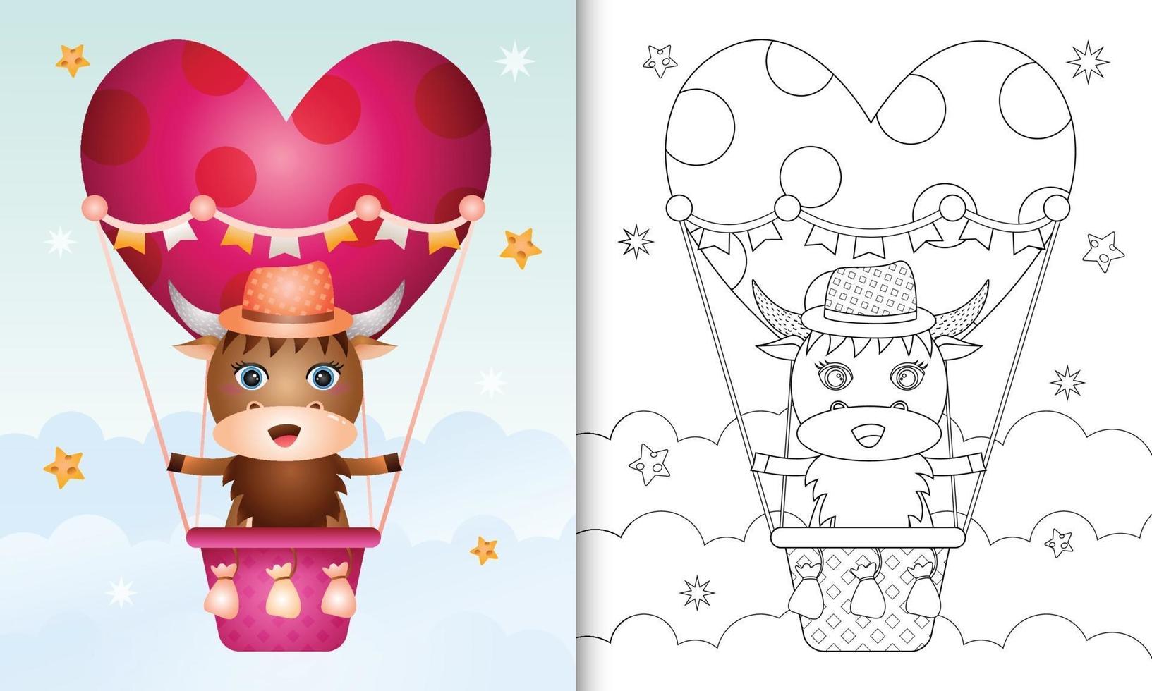 libro para colorear para niños con un lindo búfalo macho en globo aerostático con tema de amor día de san valentín vector