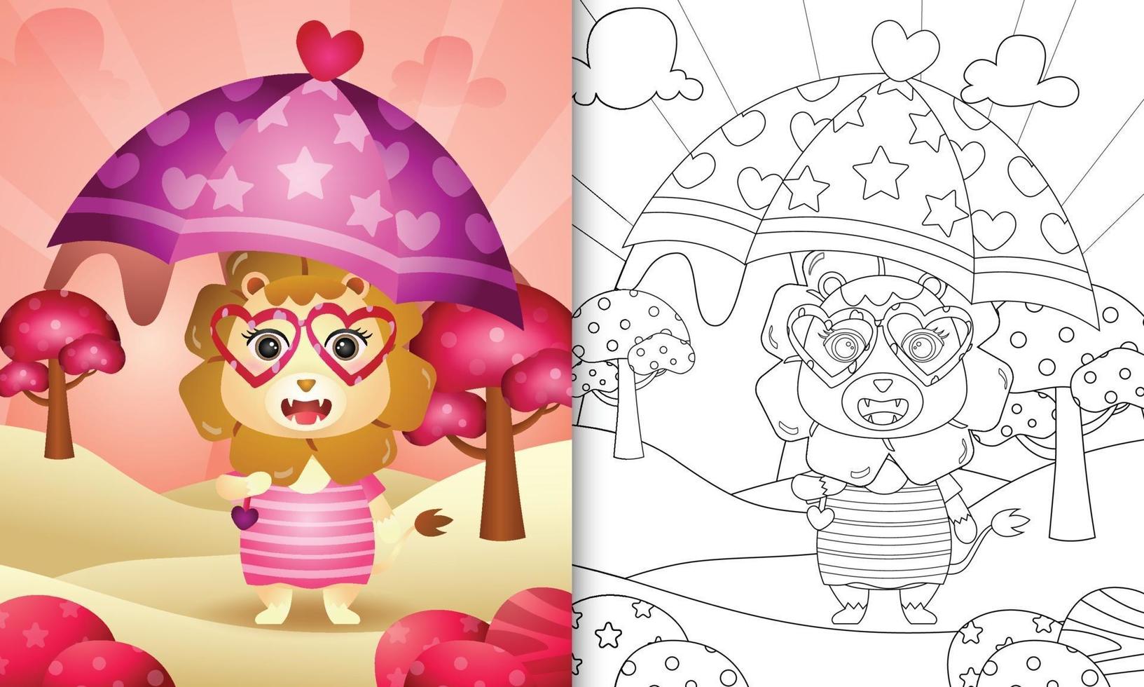 libro para colorear para niños con un lindo león sosteniendo paraguas temático día de san valentín vector