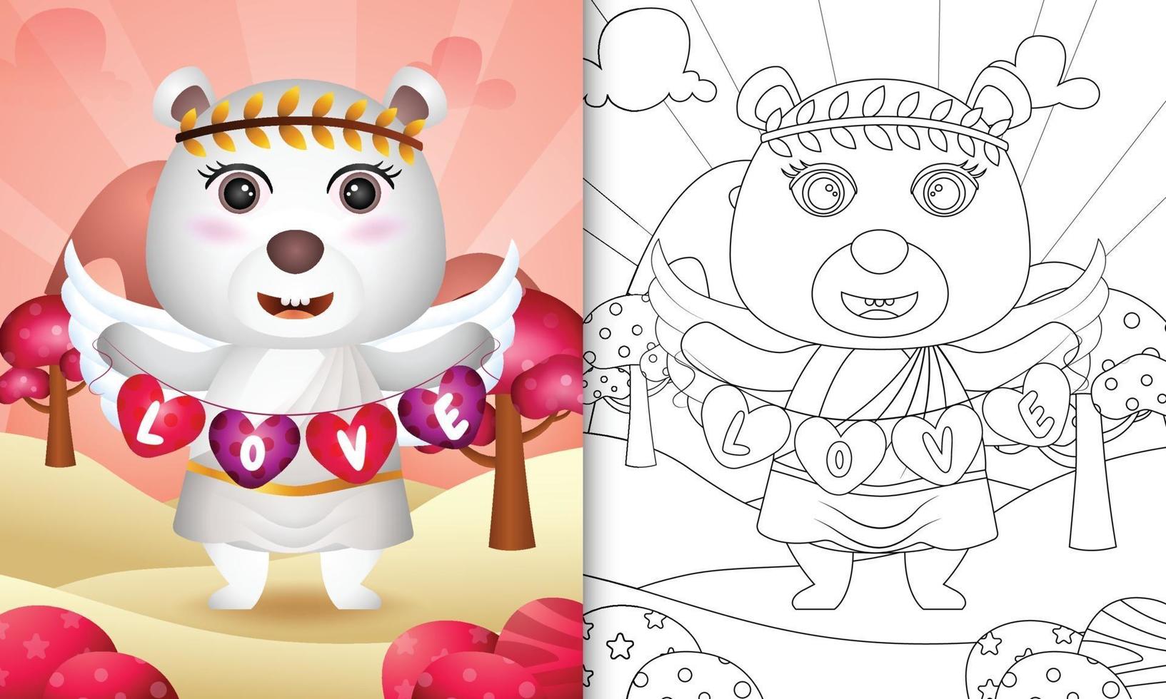 coloring book for kids with a cute polar bear angel using cupid costume holding heart shape flag vector